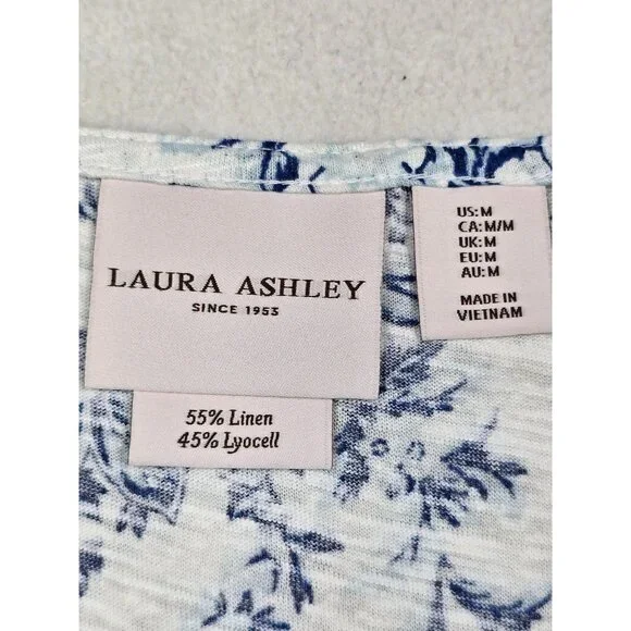 Laura Ashley Womens Floral Short Sleeve Linen Lyocell Top Size M Blue & White - Picture 2 of 3